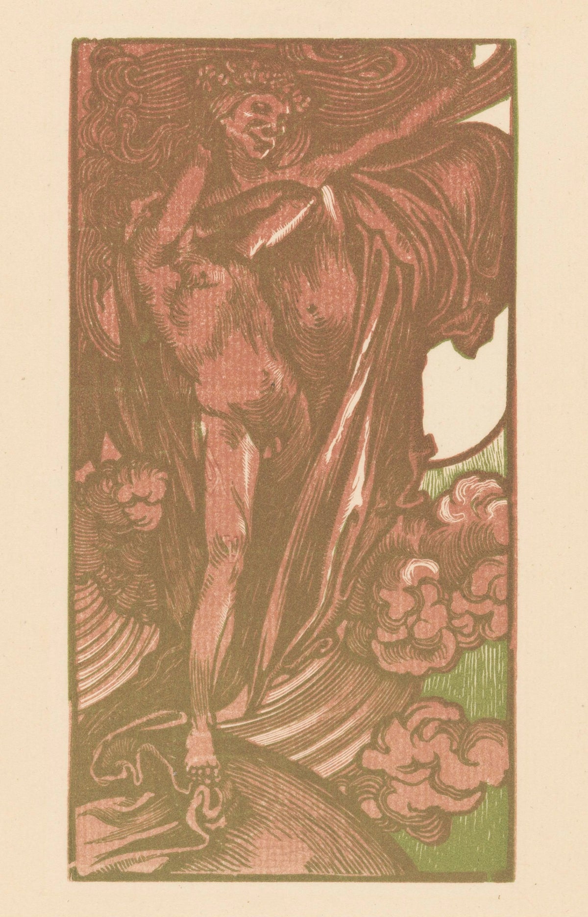 Johannes Josephus Aarts — Vrouw en jongen in de wolken [Woman and boy in the clouds] | Art Nouveau Woodcut Print