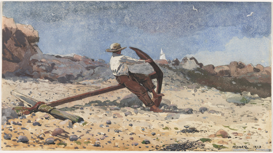 Winslow Homer — Boy with Anchor | Landscape Fine Art Print shown to scale on a wall above a sofa