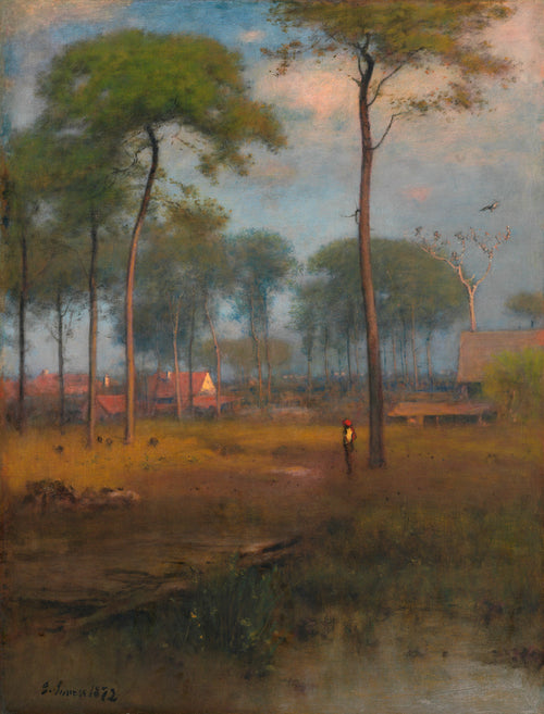 Early Morning, Tarpon Springs by George Inness — Tall pines rise over a hazy morning grove and red-roofed cottages