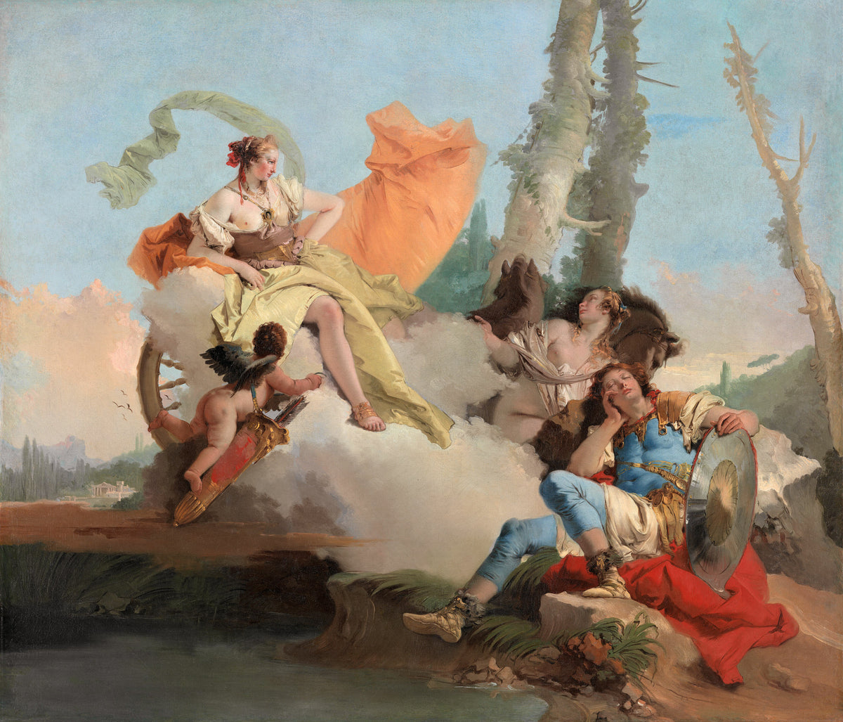 Armida Encounters the Sleeping Rinaldo by Giovanni Battista Tiepolo — A sorceress on a cloud finds a sleeping knight below