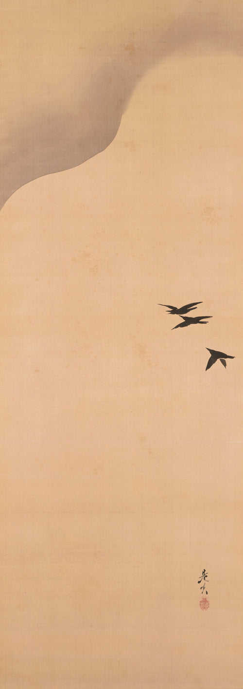 Noh Play Hachinoki, three of three by Shibata Zeshin — Three small black birds fly beneath a sweep of grey wash