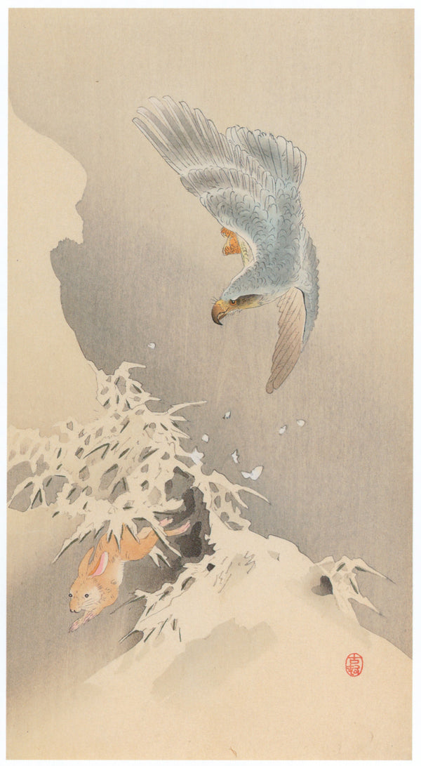 Ohara Koson — Goshawk Chasing a Hare | Japanese Bird & Flower Woodblock Print