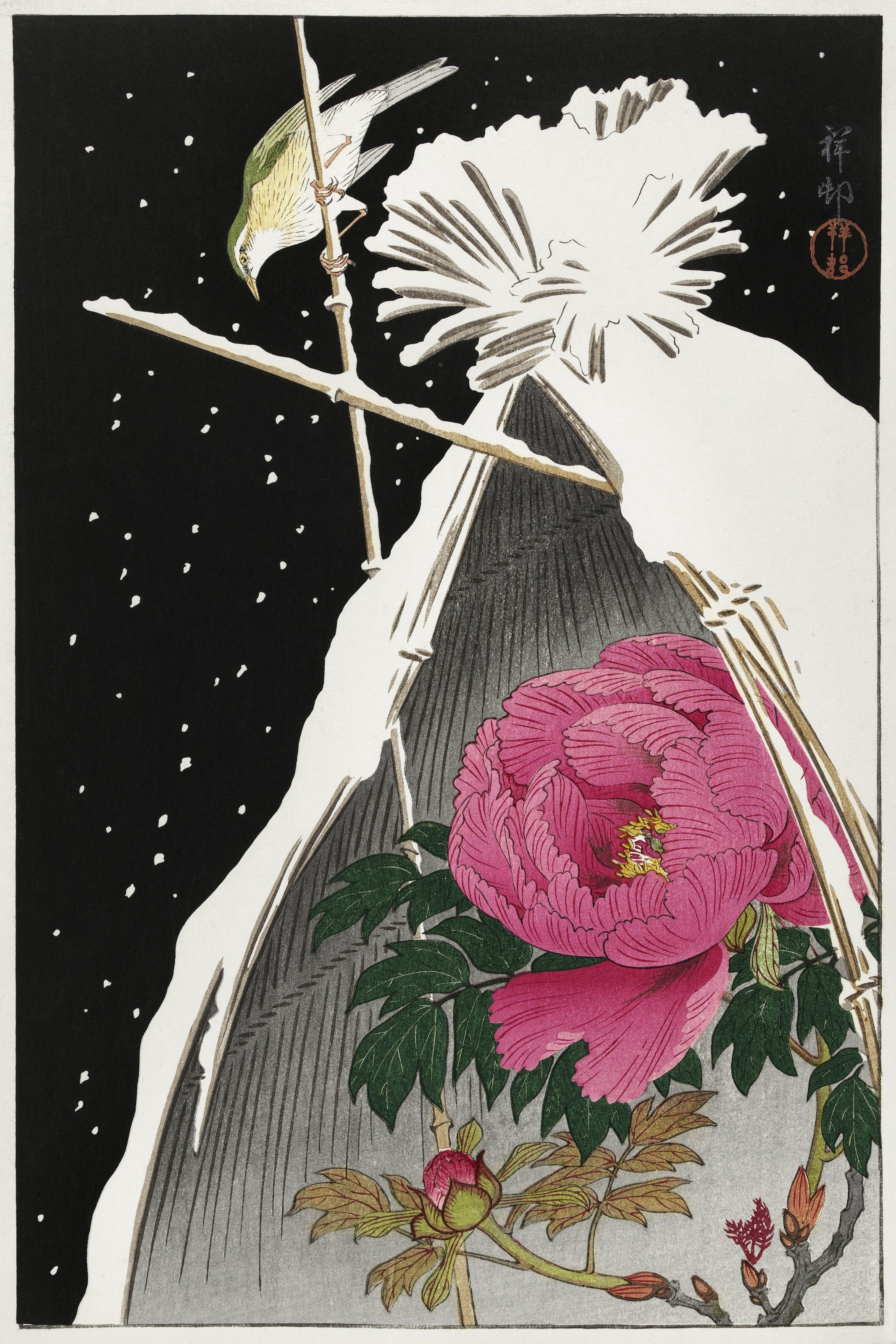 Ohara Koson — Siberian Bluechat next to a Peony | Japanese Bird & Flower Woodblock Print