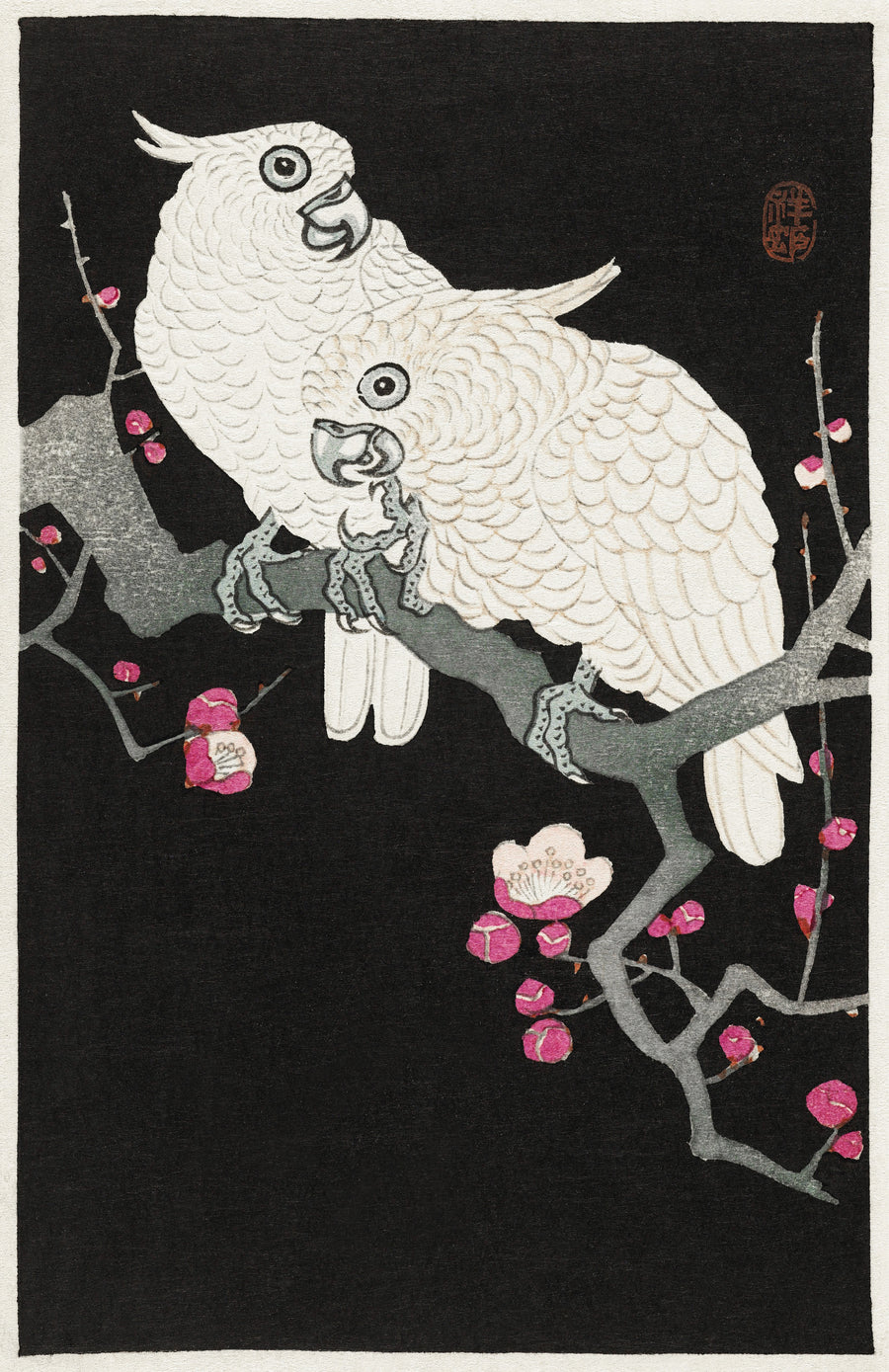 Ohara Koson — Two Cockatoos and Plum Blossom | Japanese Bird & Flower Woodblock Print shown to scale on a wall above a sofa