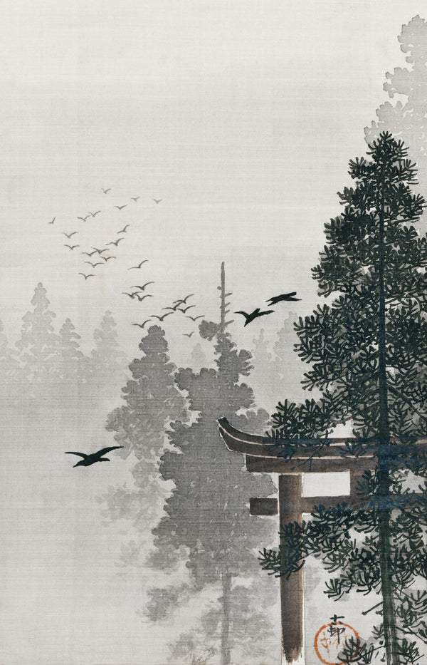 Ohara Koson — Flock of Birds and a Torii Gate in a Pine Forest | Japanese Woodblock Print (Shin Hanga)