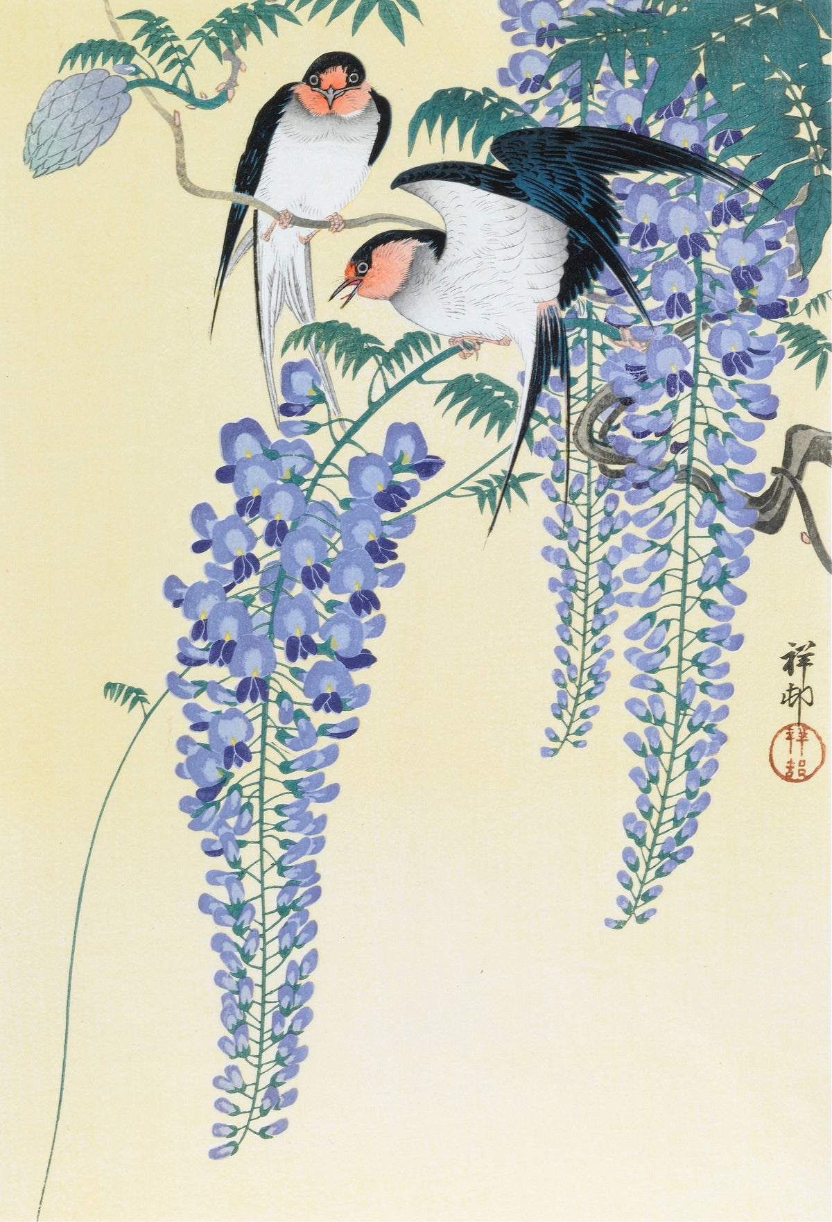 Ohara Koson — Swallows and Wisteria | Japanese Bird & Flower Woodblock Print