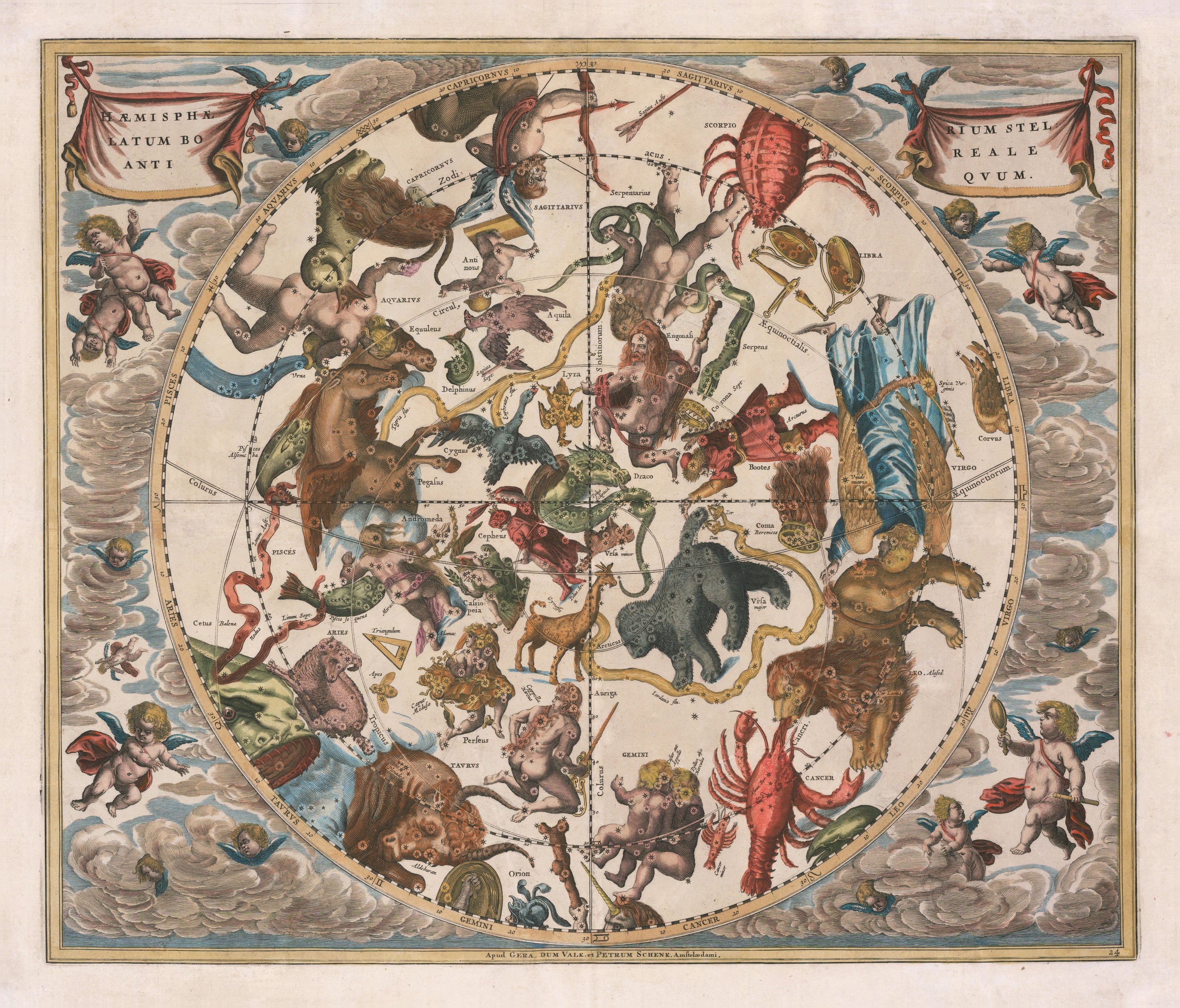 Andreas Cellarius — The Ancient Northern Starry Hemisphere (Plate 24, Rose Colouring) | Celestial Map Print