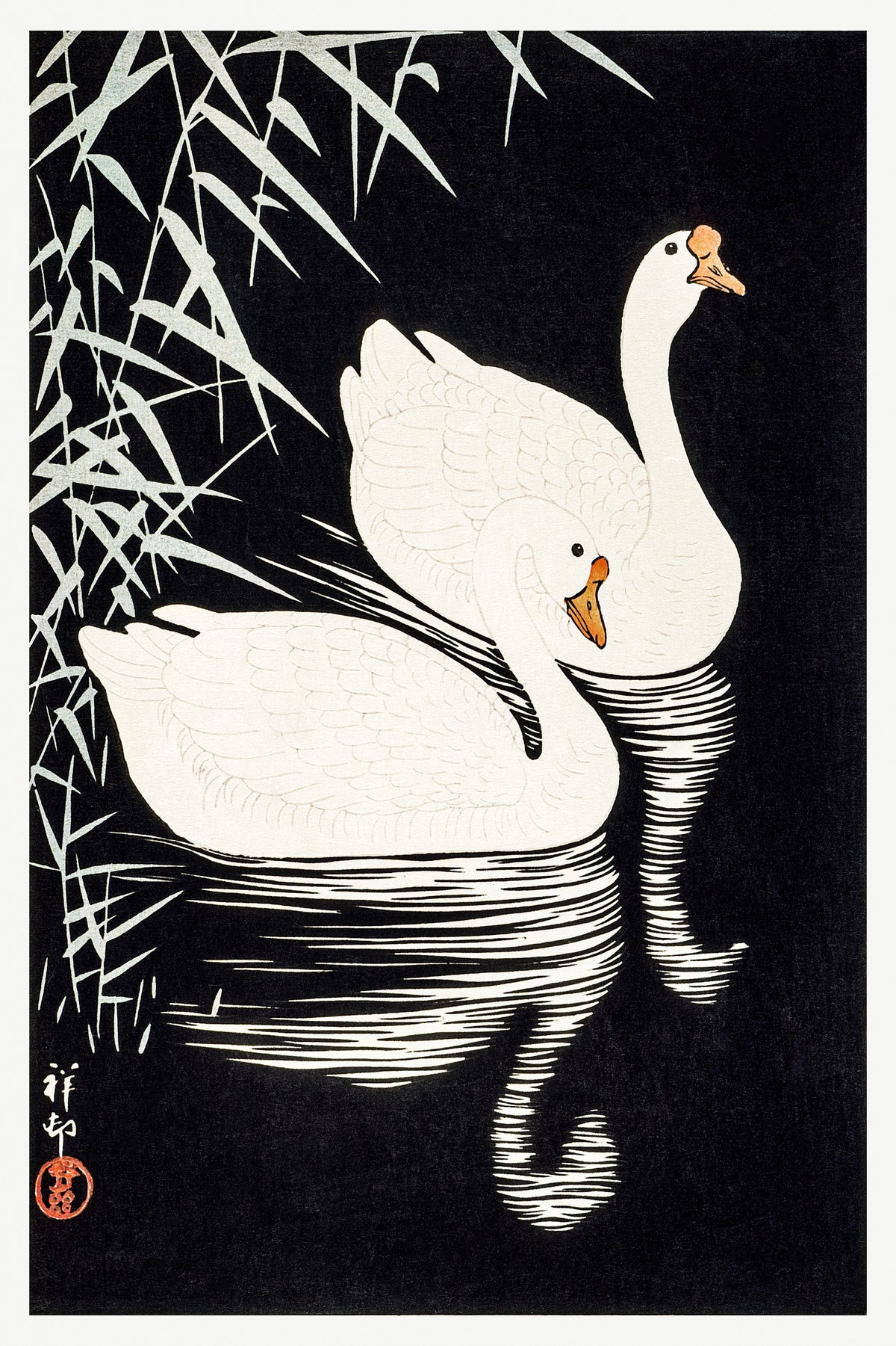 Ohara Koson — White Chinese Geese Swimming by Reeds | Japanese Bird & Flower Woodblock Print