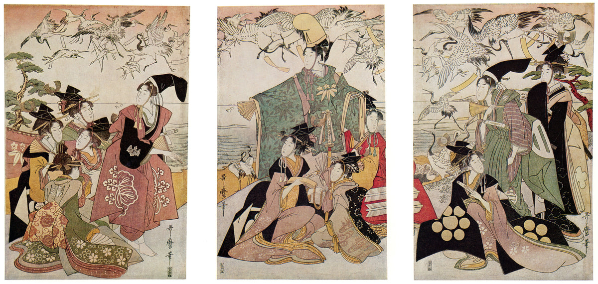 Kitagawa Utamaro — Parody of Yoritomo Releasing Cranes | Japanese Woodblock Print (Ukiyo-e)