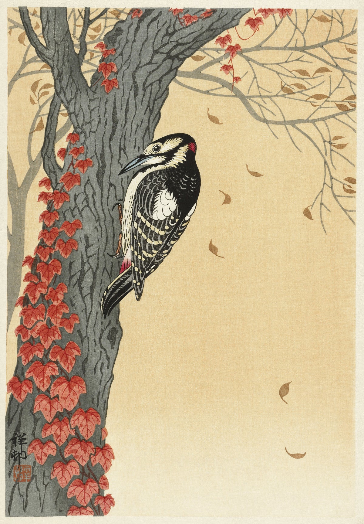 Ohara Koson — Great Spotted Woodpecker in Tree with Red Ivy | Japanese Bird & Flower Woodblock Print