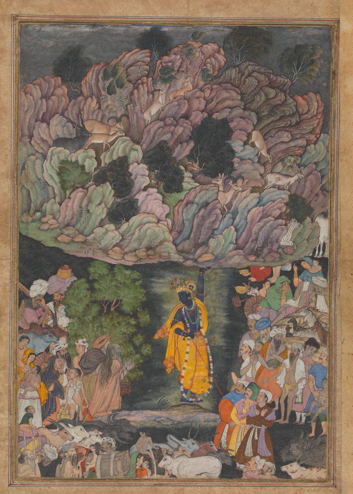 Mughal Court Painting — Krishna Holds Up Mount Govardhan to Shelter the Villagers of Braj | Mughal Painting Art Print