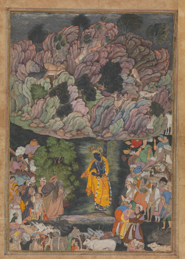 Mughal Court Painting — Krishna Holds Up Mount Govardhan to Shelter the Villagers of Braj | Mughal Painting Art Print