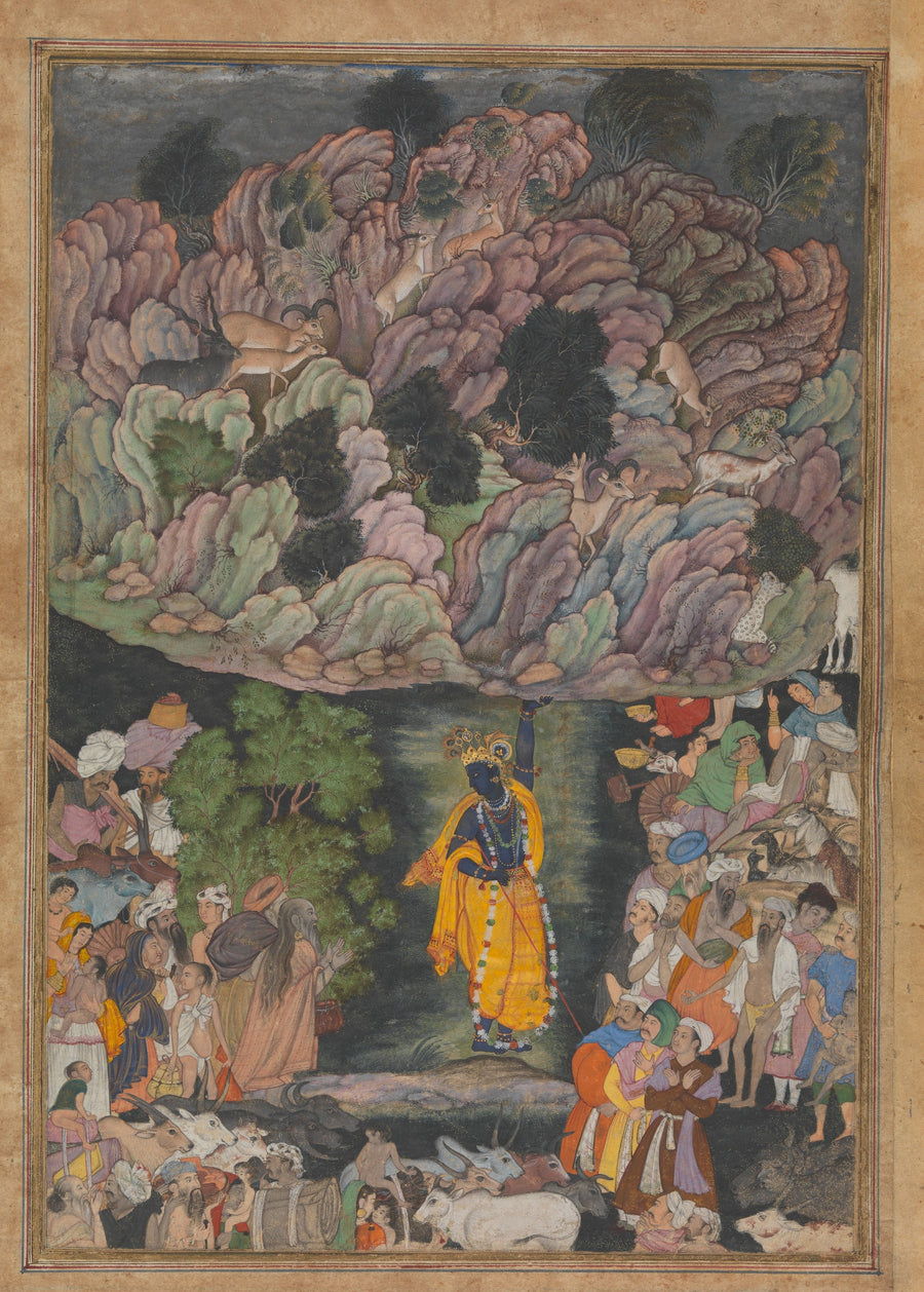 Krishna Holds Up Mount Govardhan to Shelter the Villagers of Braj | Mughal Painting Art Print shown to scale on a wall above a sofa