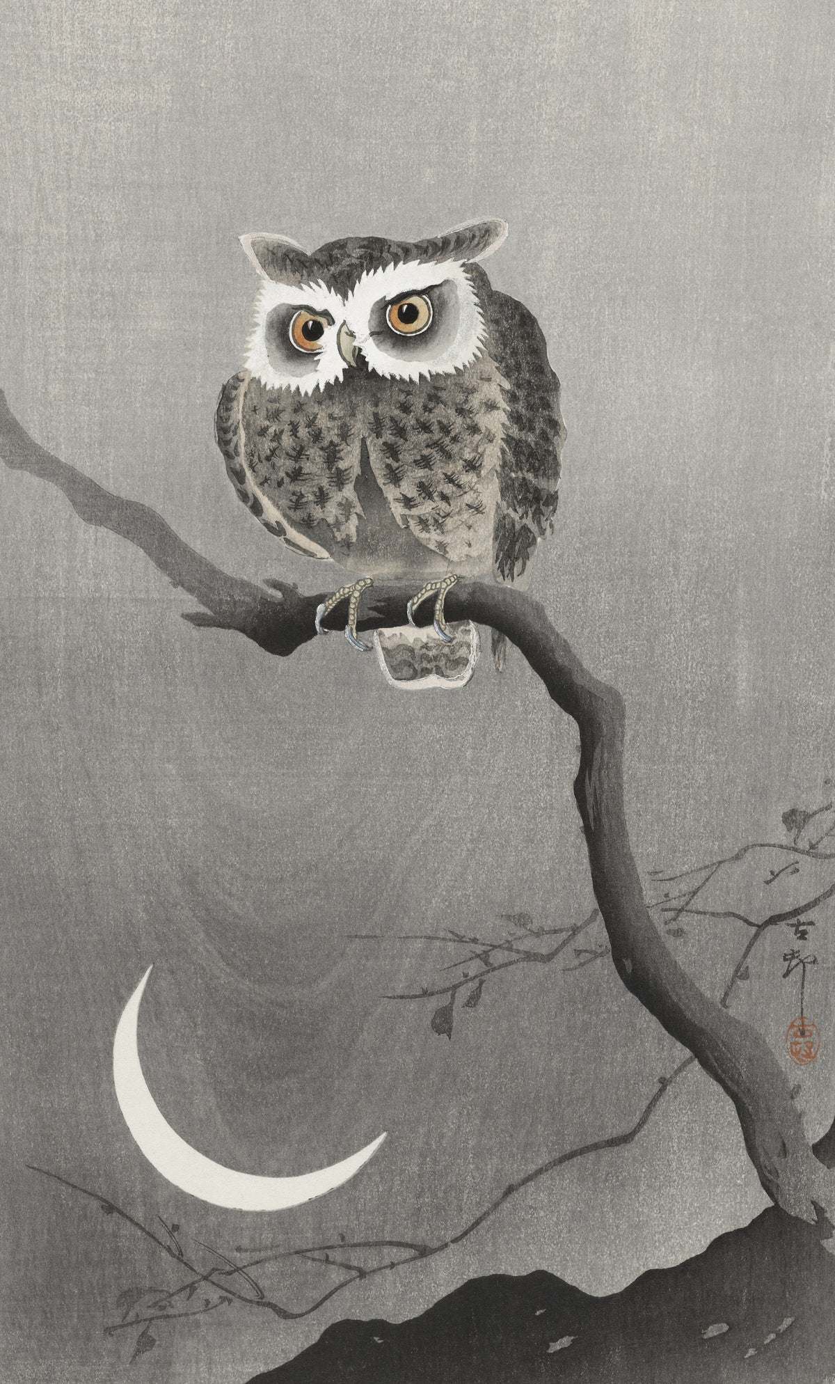 Ohara Koson — Long-eared Owl on Bare Tree Branch | Japanese Bird & Flower Woodblock Print