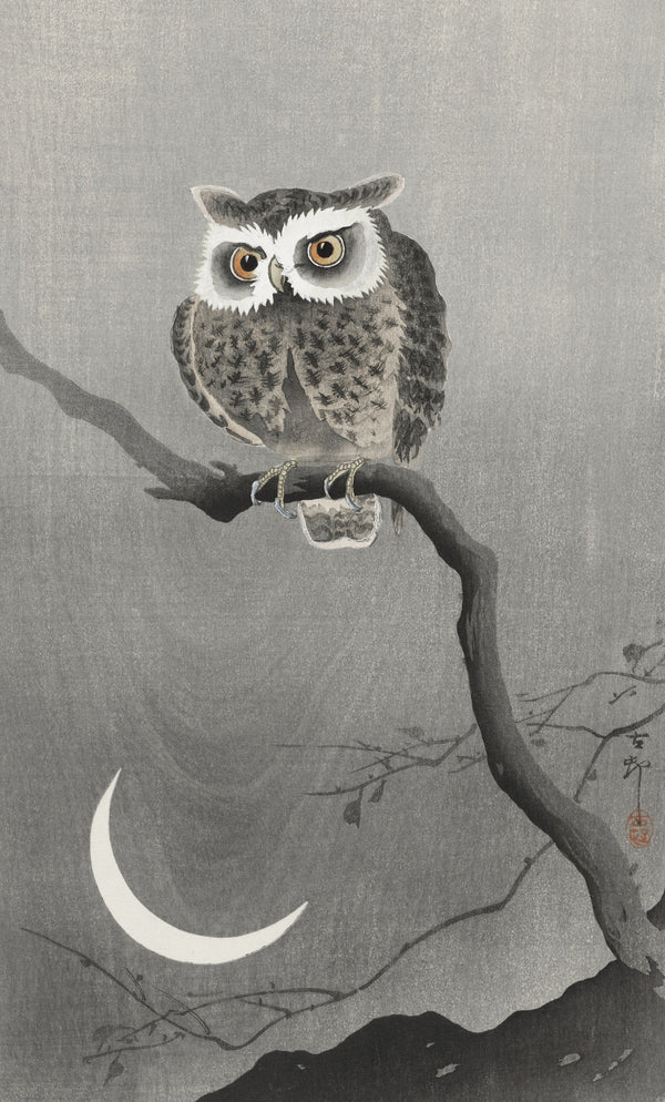Ohara Koson — Long-eared Owl on Bare Tree Branch | Japanese Bird & Flower Woodblock Print