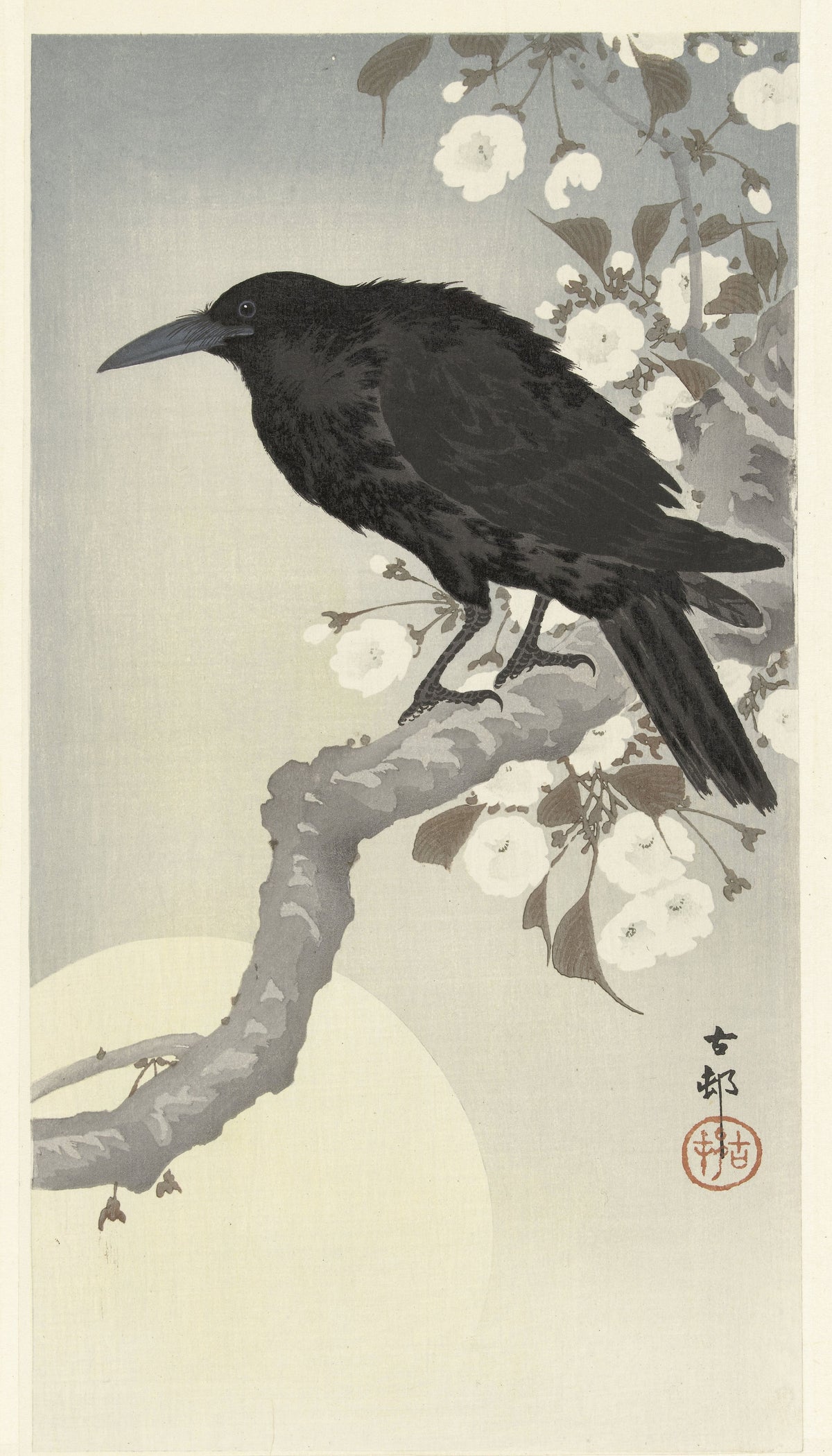 Ohara Koson — Crow at Full Moon | Japanese Bird & Flower Woodblock Print