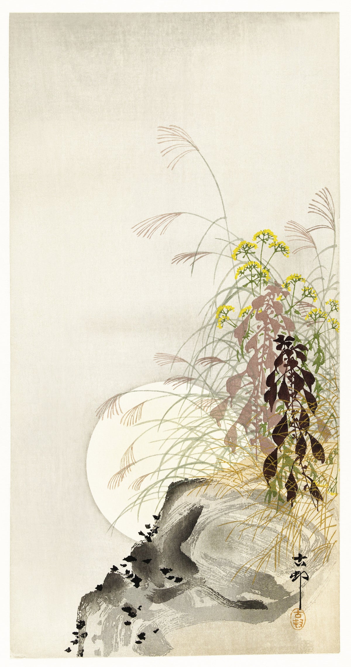 Ohara Koson — Grass and Full Moon | Japanese Bird & Flower Woodblock Print