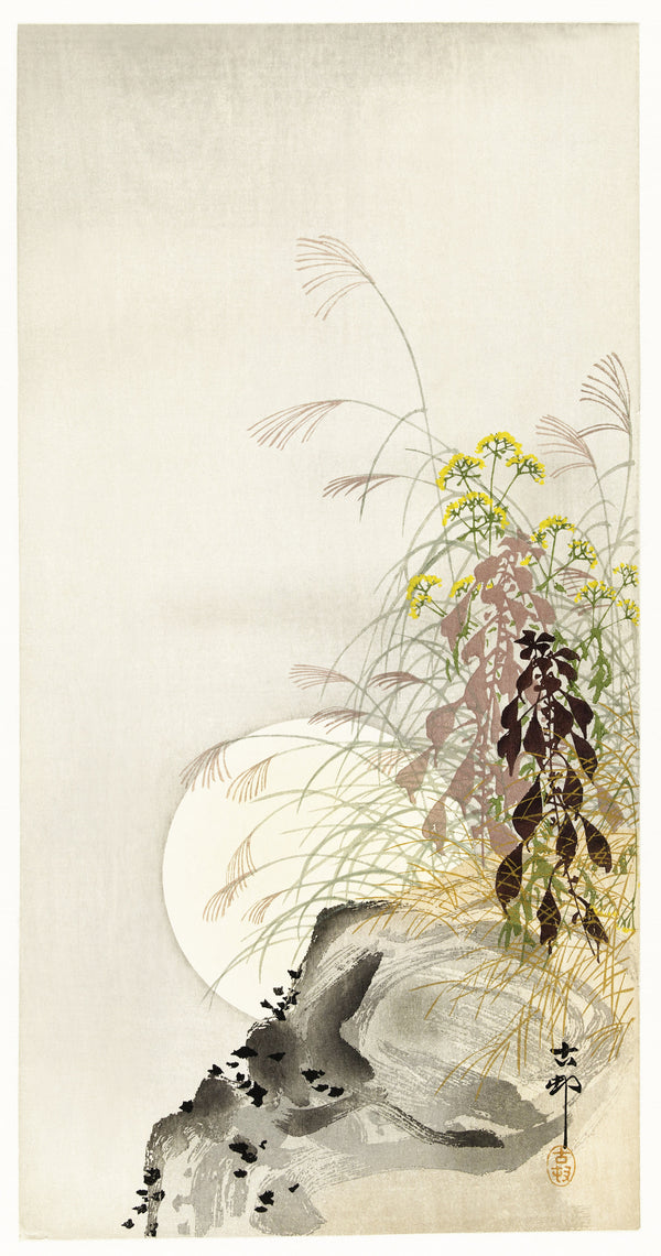 Ohara Koson — Grass and Full Moon | Japanese Bird & Flower Woodblock Print