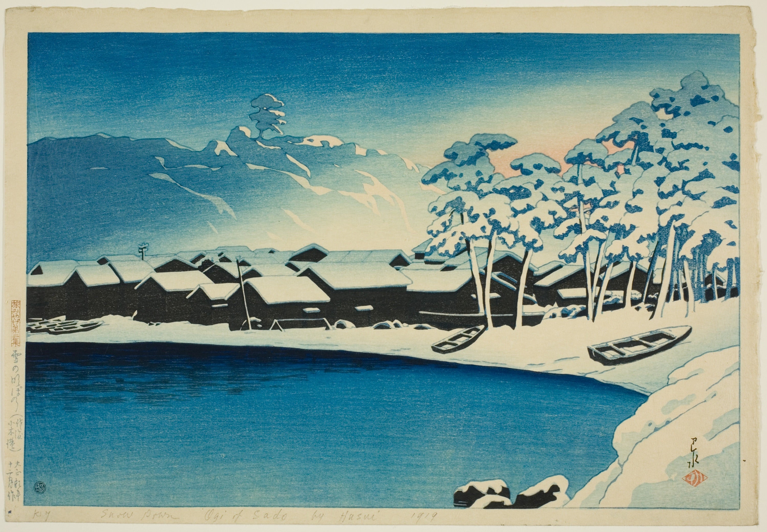 Kawase Hasui — Dawn Snow at the Port of Ogi | Japanese Woodblock Print (Shin Hanga)