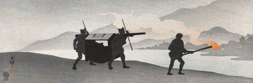 Litter at River by Ohara Koson — Bearers carry a covered litter past a torch-bearing guide