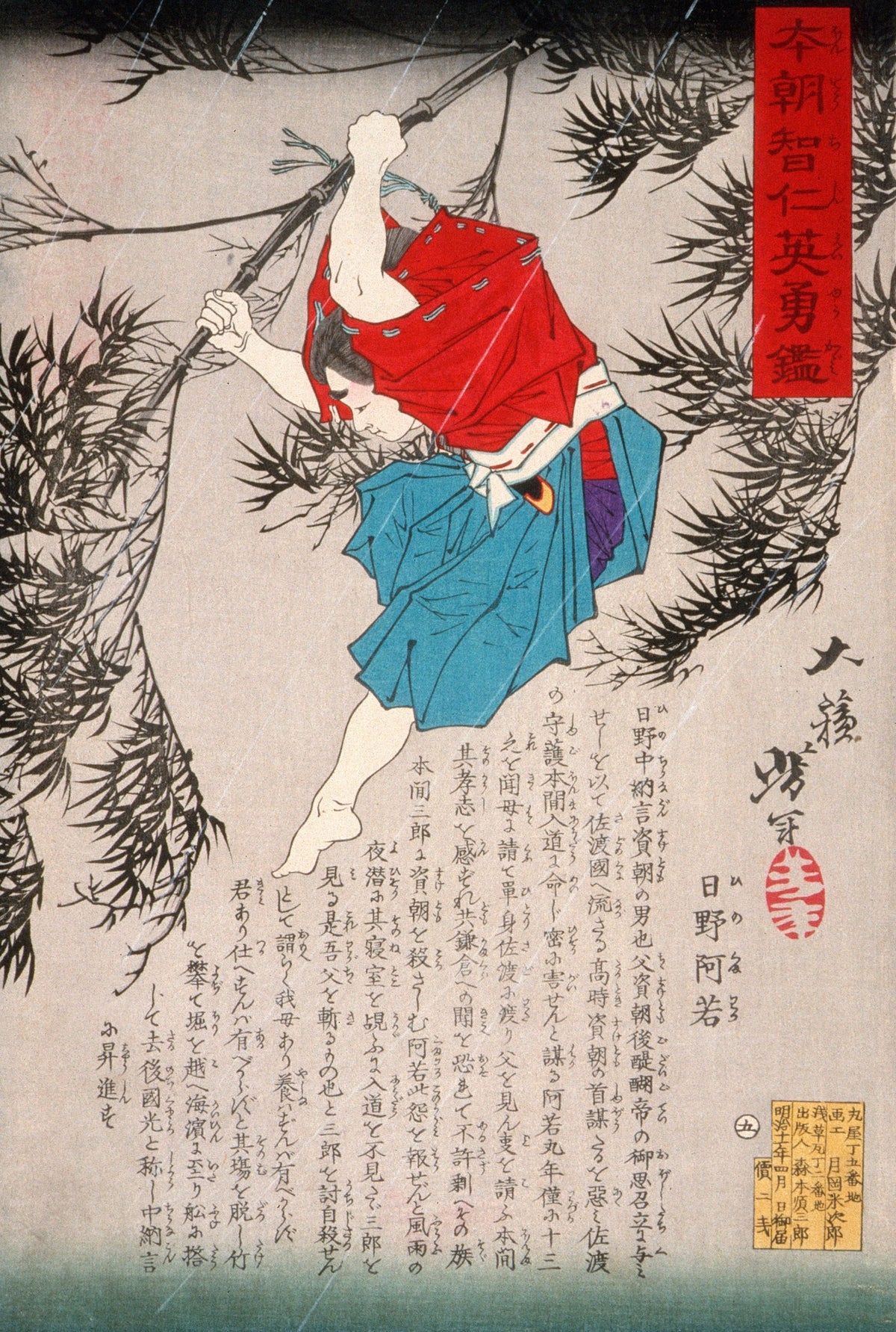 Tsukioka Yoshitoshi — Hino Kumawaka Leaping from Bamboo | Japanese Woodblock Print (Ukiyo-e)