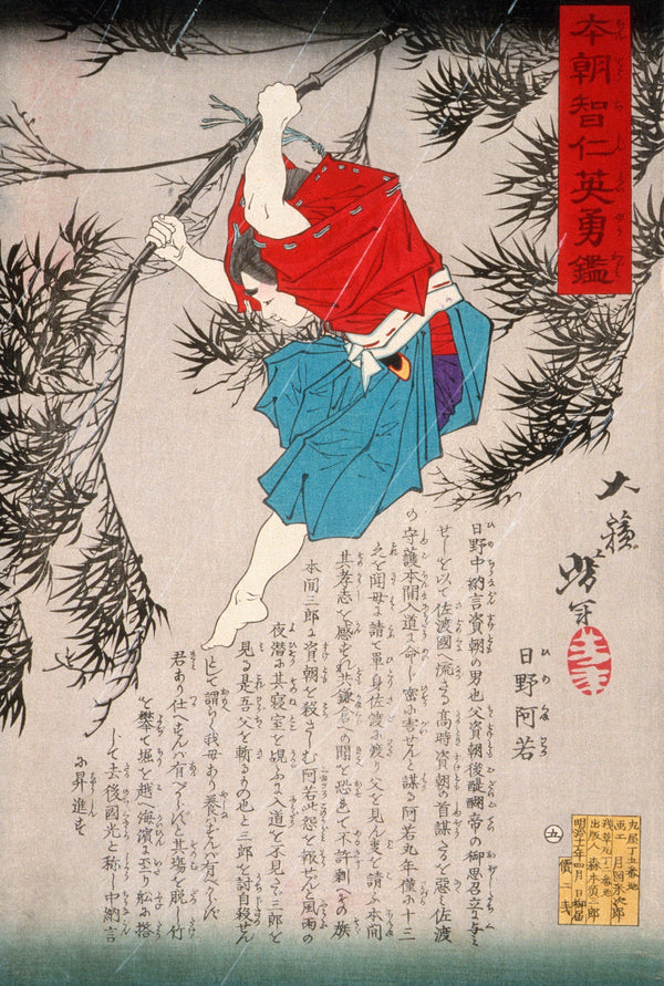 Tsukioka Yoshitoshi — Hino Kumawaka Leaping from Bamboo | Japanese Woodblock Print (Ukiyo-e)