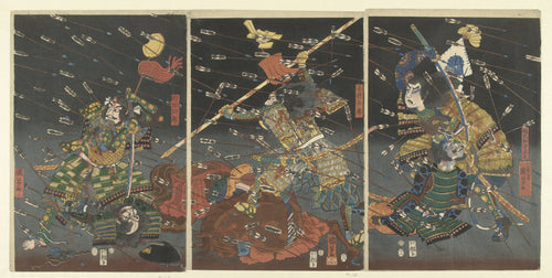 Last Attack of the Kusunoki at Shijōnawate by Utagawa Kuniyoshi — Warriors fight on beneath a black sky thick with arrows