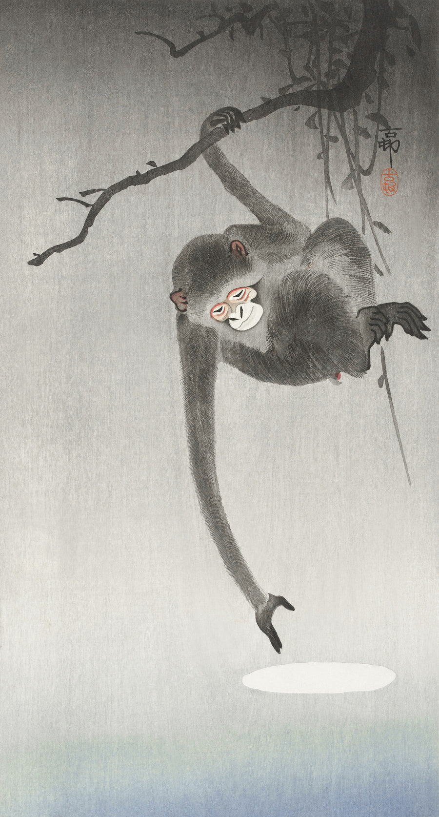 Ohara Koson — Monkey and Reflection of the Moon | Japanese Bird & Flower Woodblock Print shown to scale on a wall above a sofa