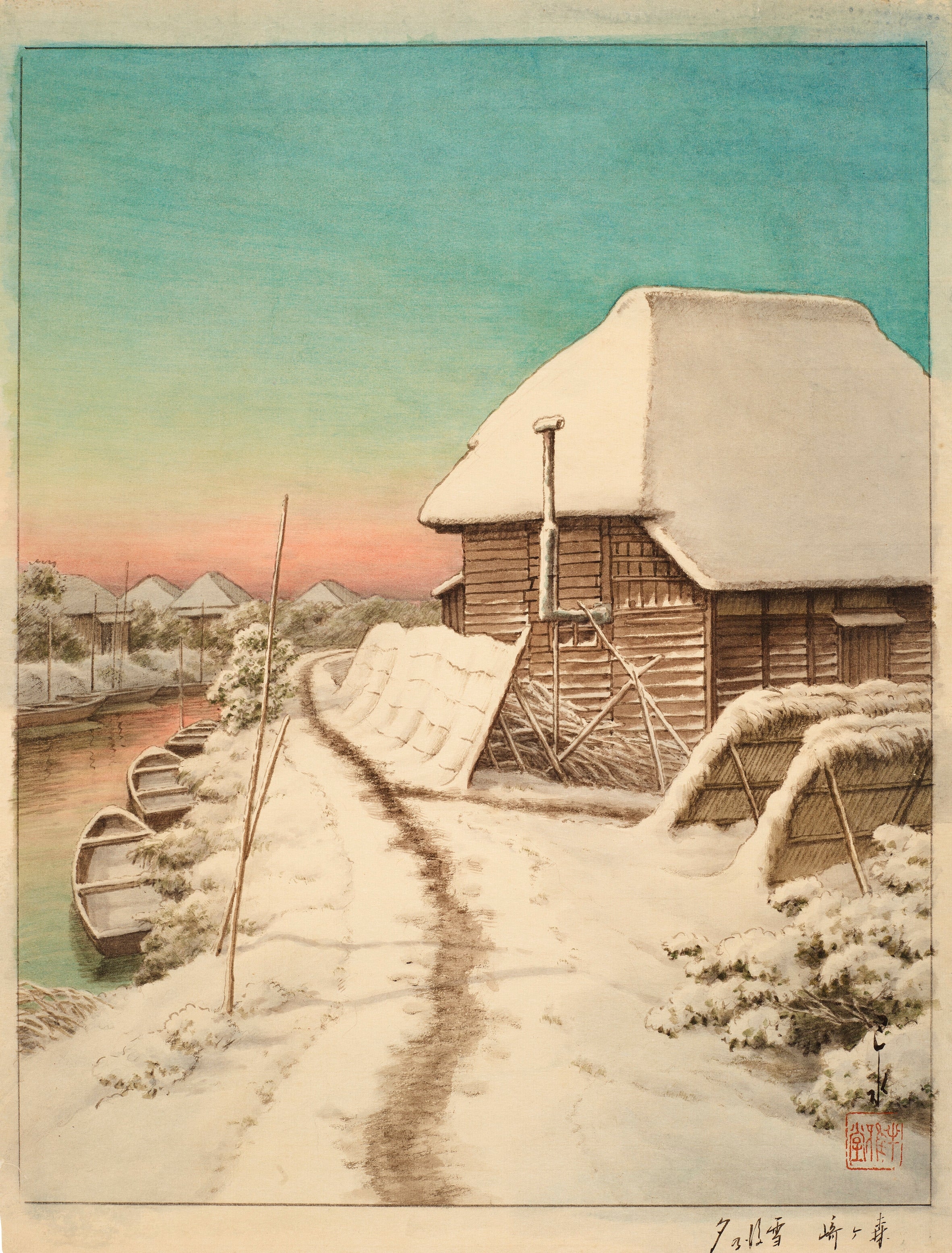 Kawase Hasui — Evening After Snow at Morigasaki | Japanese Watercolour Print (Shin Hanga)
