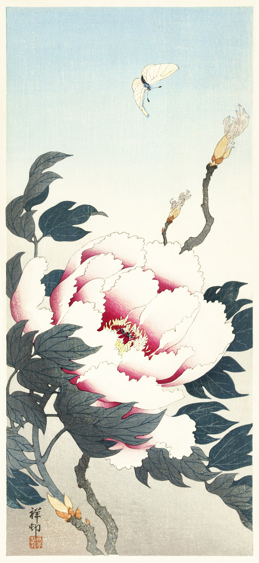 Ohara Koson — Peony with Butterfly | Japanese Bird & Flower Woodblock Print shown to scale on a wall above a sofa