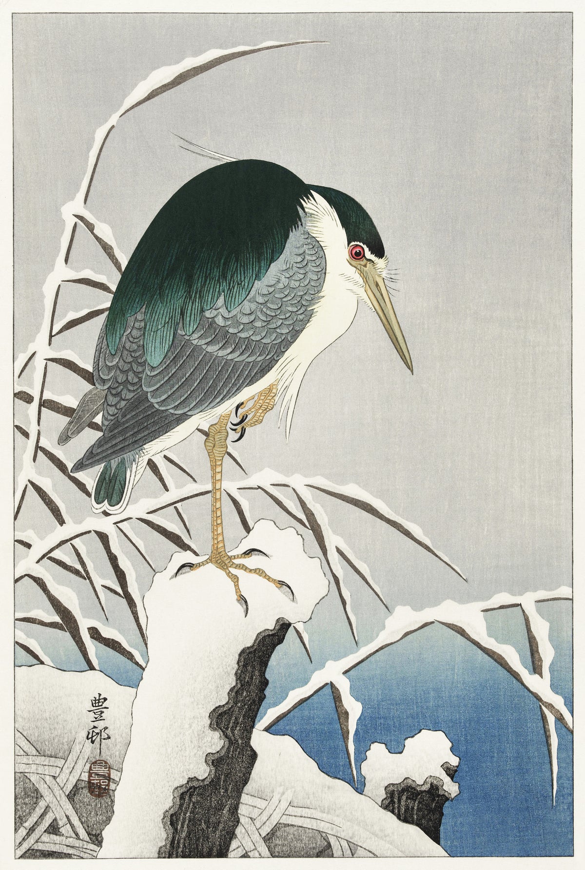 Ohara Koson — Heron in Snow | Japanese Bird & Flower Woodblock Print