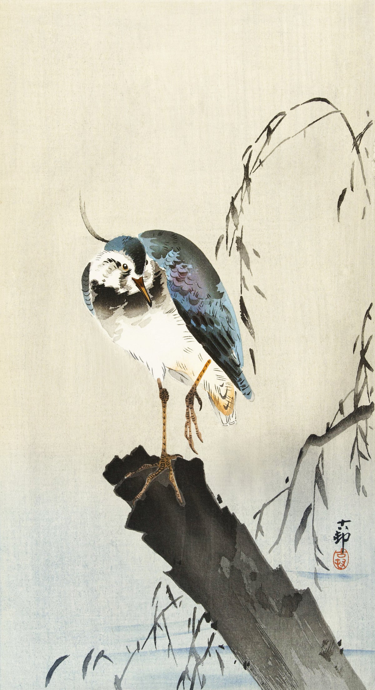 Ohara Koson — Lapwing on Tree Stump | Japanese Bird & Flower Woodblock Print