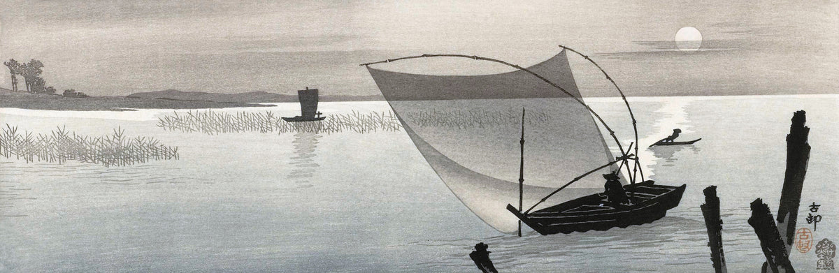 Ohara Koson — Fishing Boats at Full Moon | Japanese Woodblock Print (Shin Hanga)