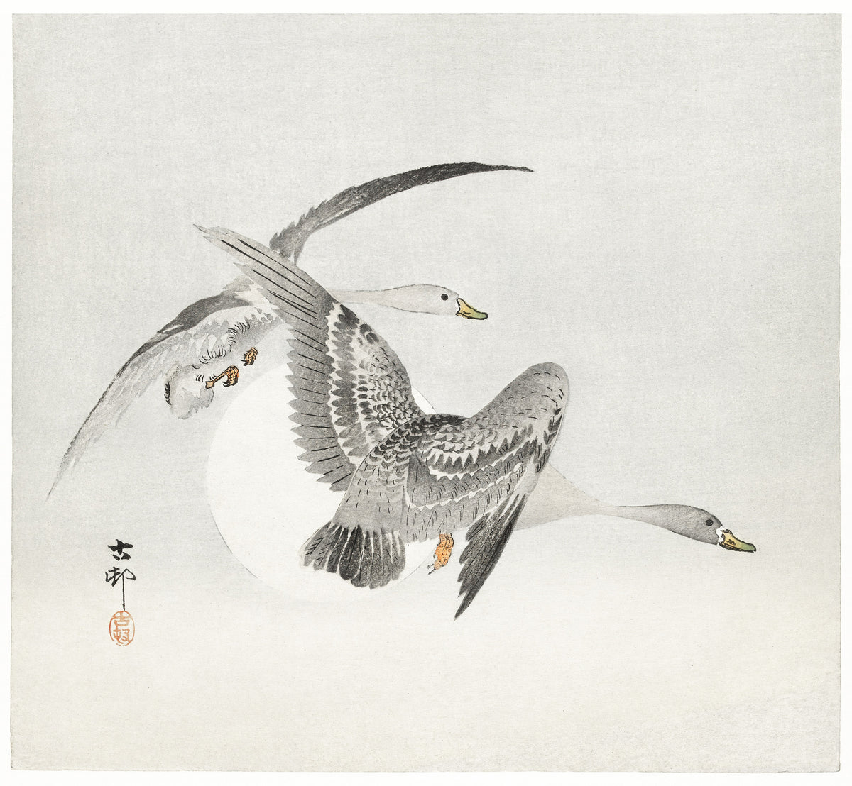 Ohara Koson — Two White-fronted Geese in Flight | Japanese Bird & Flower Woodblock Print