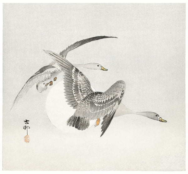 Ohara Koson — Two White-fronted Geese in Flight | Japanese Bird & Flower Woodblock Print