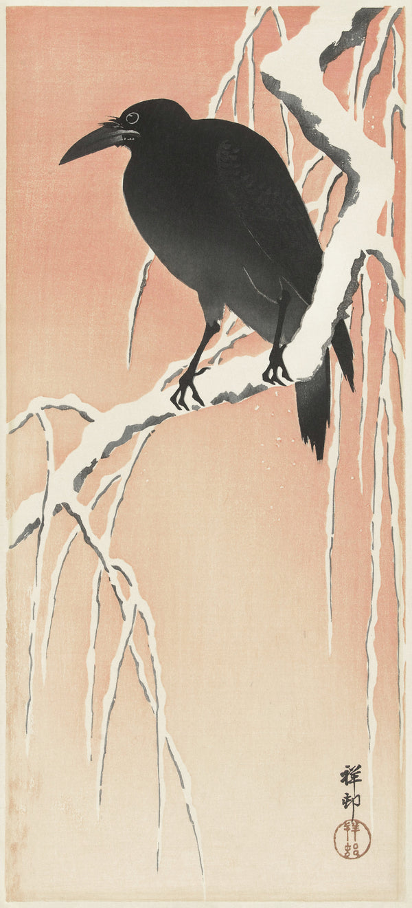 Ohara Koson — Crow on Snowy Branch (Pink Sky) | Japanese Bird & Flower Woodblock Print