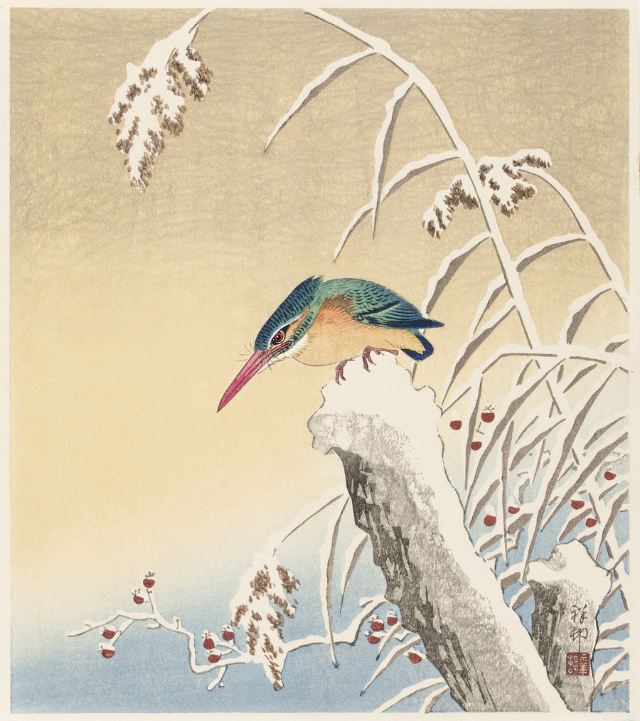 Ohara Koson — Kingfisher in the Snow | Japanese Bird & Flower Woodblock Print shown to scale on a wall above a sofa