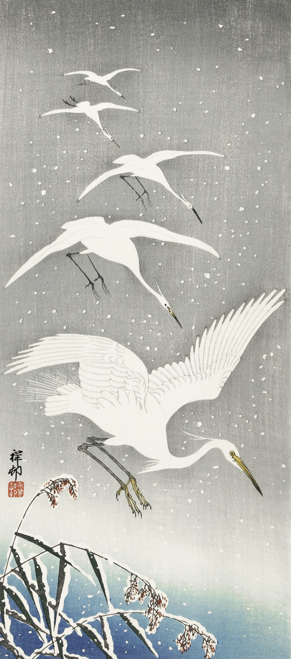 Ohara Koson — Descending Egrets in Snow | Japanese Bird & Flower Woodblock Print