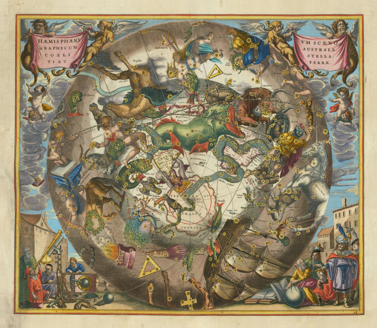 Andreas Cellarius — A Scenographic View of the Southern Heaven and Earth (Plate 28, Tan Colouring) | Celestial Map Print