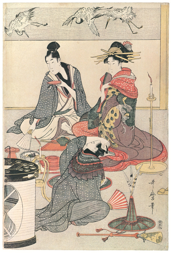 Kitagawa Utamaro — Niwaka Festival Performers at a Teahouse (centre sheet) | Japanese Woodblock Print (Ukiyo-e)