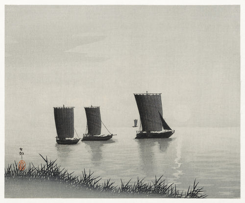 Fishing Boats by Ohara Koson — Sailboats drift on misty water beside a reed-lined bank