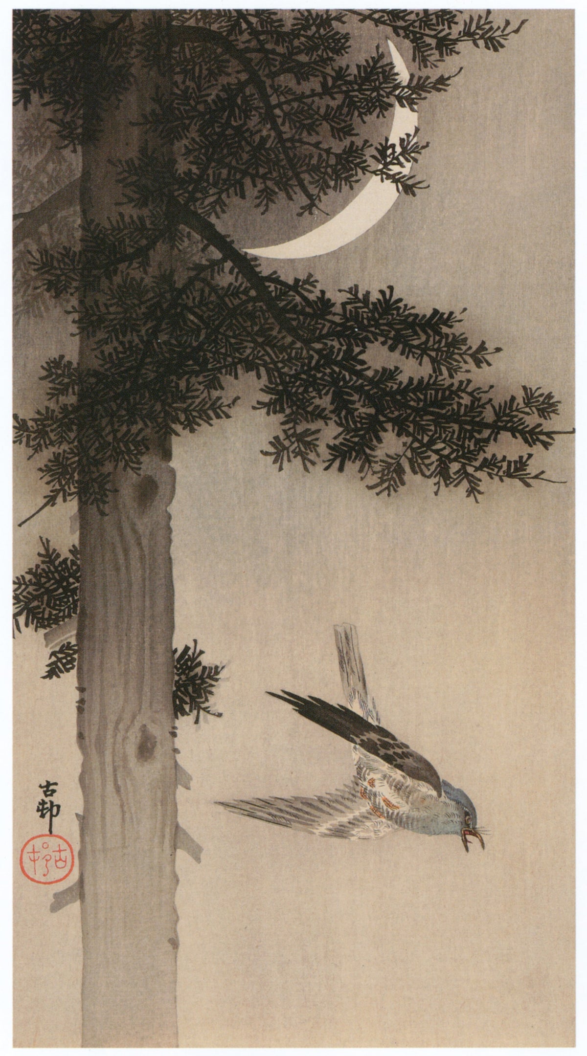 Ohara Koson — Alpine Accentor and Crescent Moon | Japanese Bird & Flower Woodblock Print