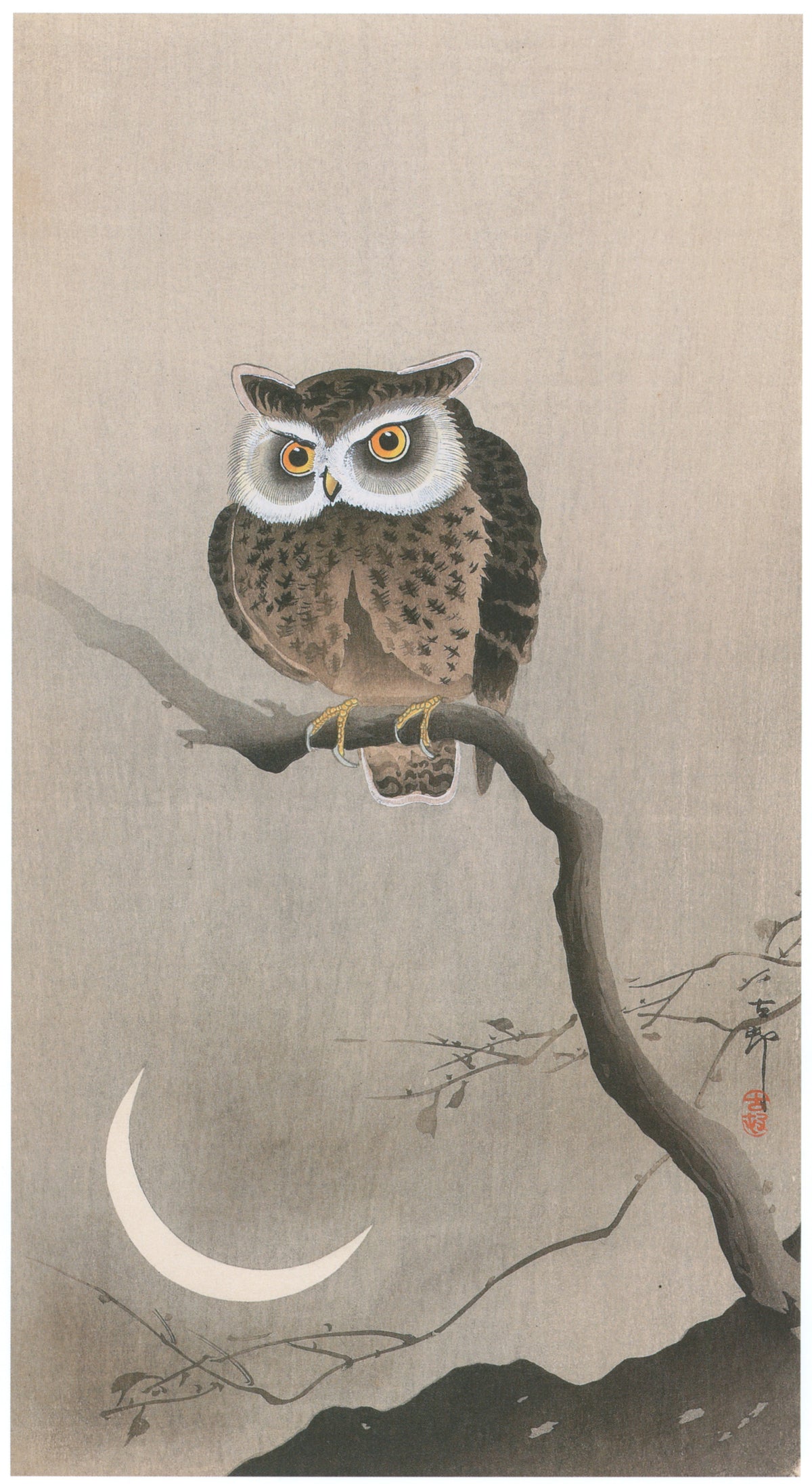 Ohara Koson — Horned Owl and Crescent Moon | Japanese Bird & Flower Woodblock Print
