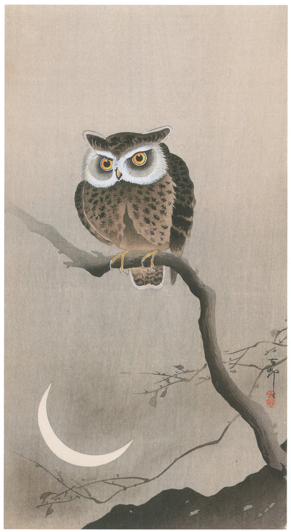 Ohara Koson — Horned Owl and Crescent Moon | Japanese Bird & Flower Woodblock Print