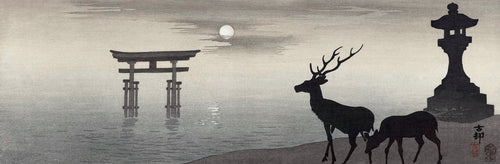 Landscape with Torii and Deer by Ohara Koson — Two deer stand by a stone lantern before a torii in the water