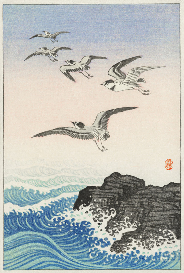 Ohara Koson — Five Seagulls above the Sea (Rocky Shore) | Japanese Bird & Flower Woodblock Print