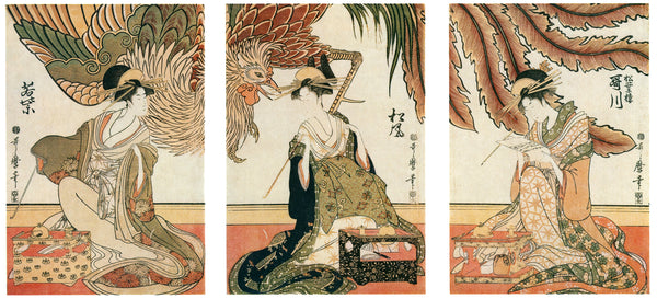 Kitagawa Utamaro — Three Beauties of Matsubaro on Display: Wakamurasaki, Matsukaze, Utagawa | Japanese Woodblock Print (Ukiyo-e)