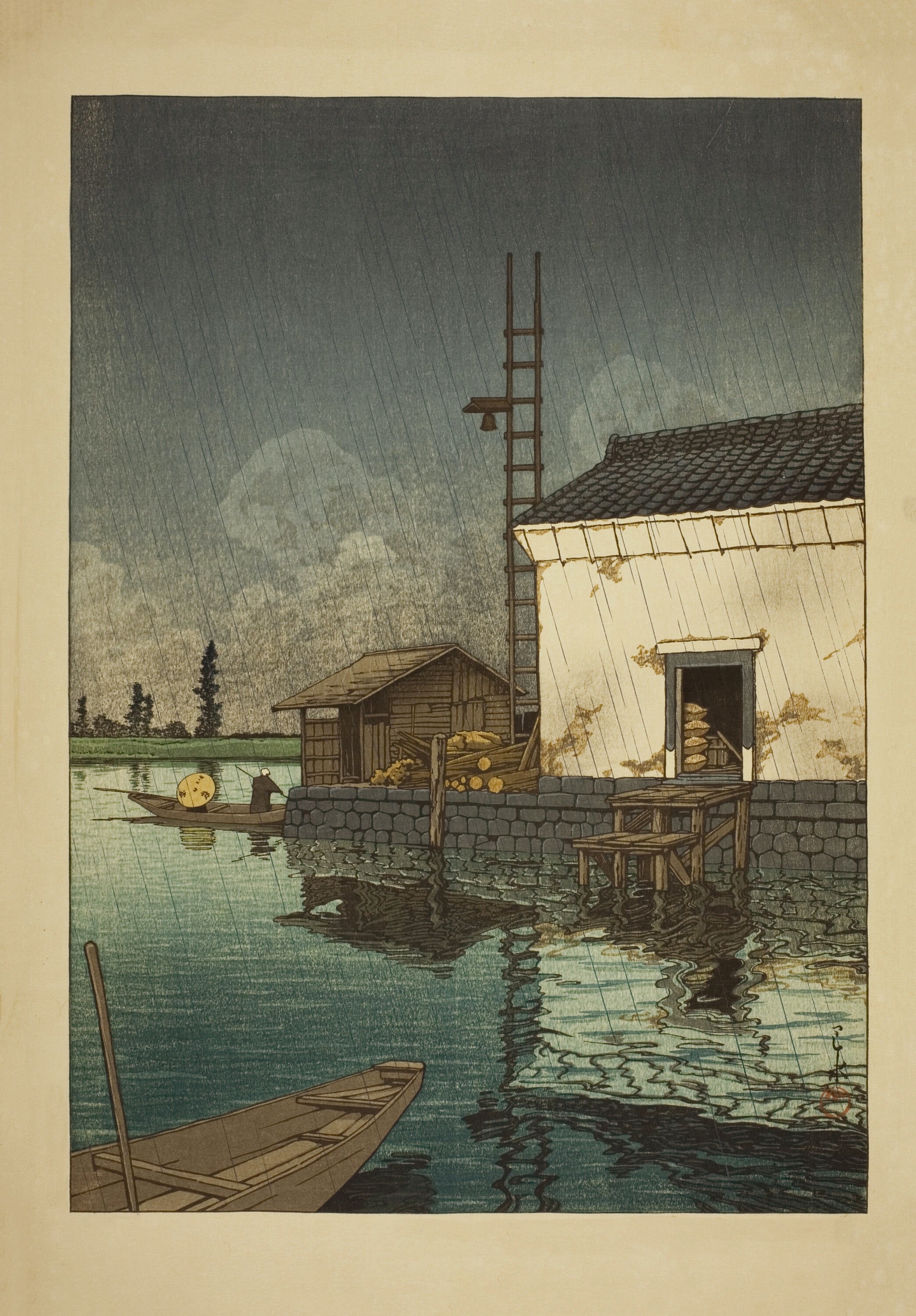 Kawase Hasui — Rain at Ushibori | Japanese Woodblock Print (Shin Hanga)