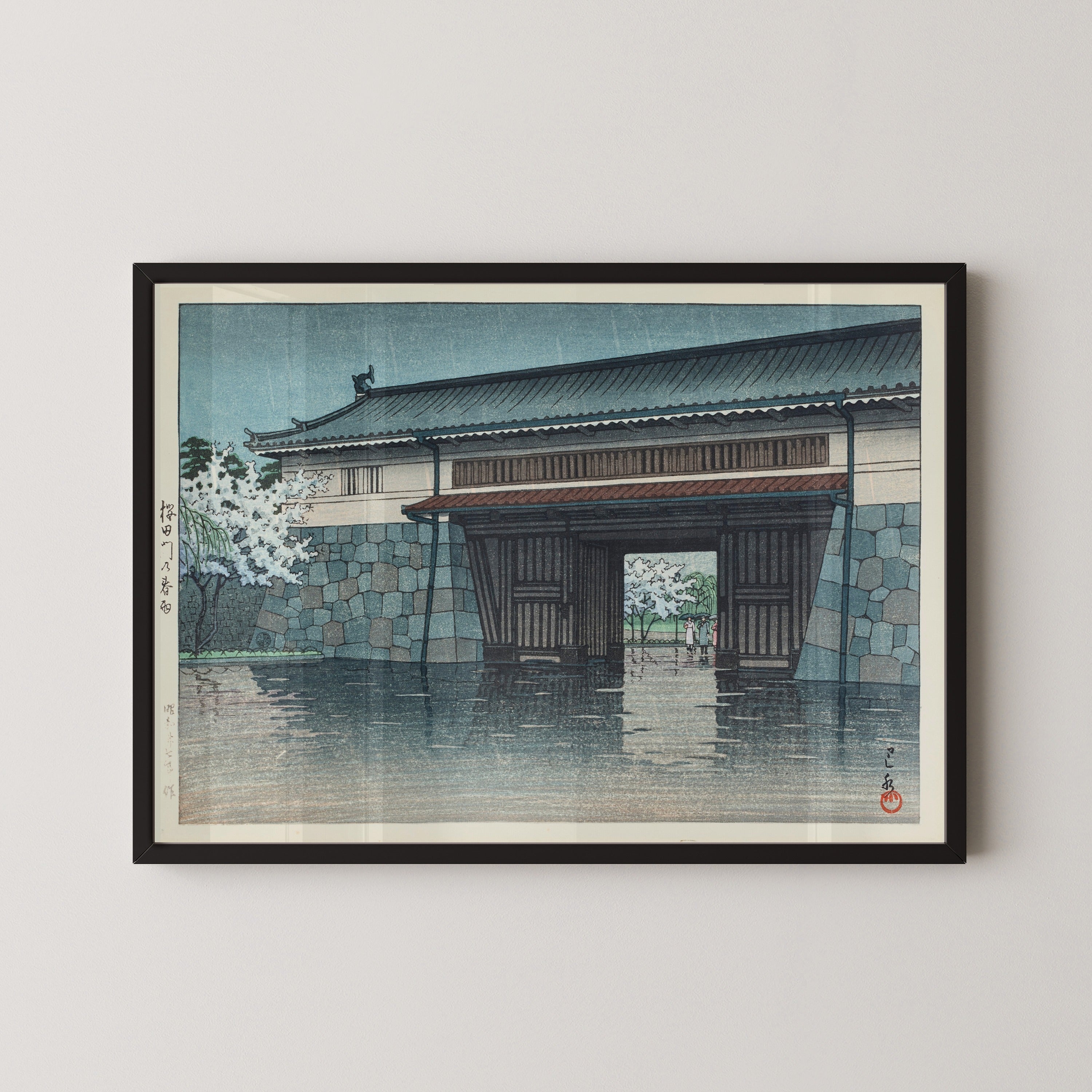 Kawase Hasui — Spring Rain at Sakurada Gate | Japanese Woodblock Print (Shin Hanga)