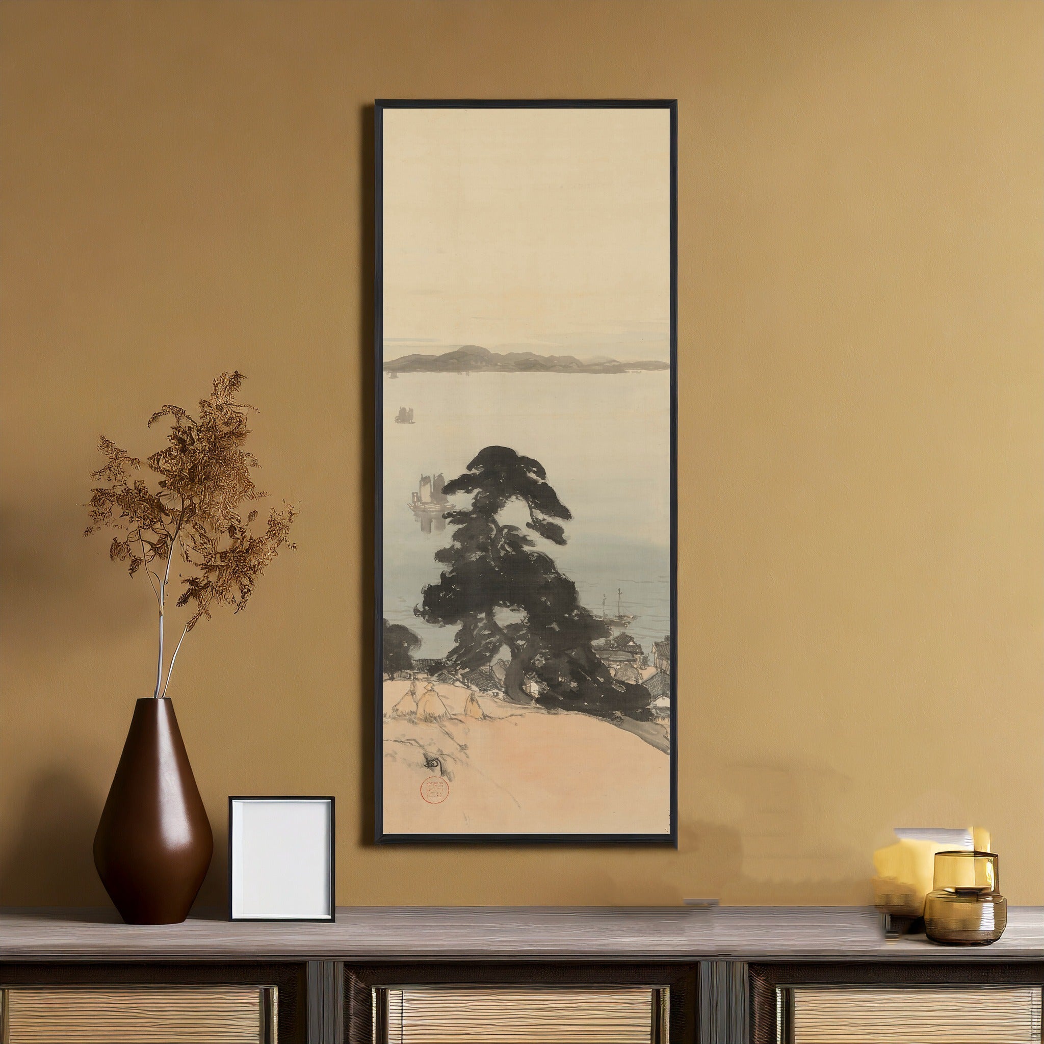 Hiroshi Yoshida — Pine Trees and Sea Port | Japanese Ink Painting Print